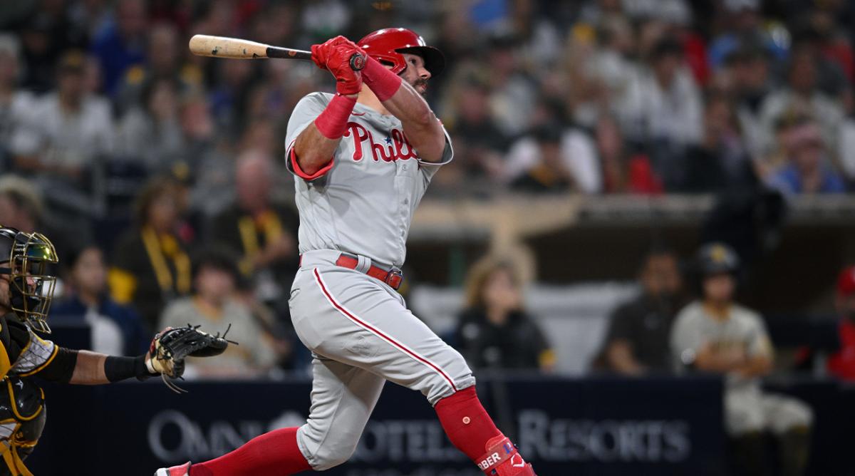 Jun 23, 2022; San Diego, California, USA; Philadelphia Phillies left fielder Kyle Schwarber (12) hits a two-run home run during the sixth inning against the San Diego Padres at Petco Park.